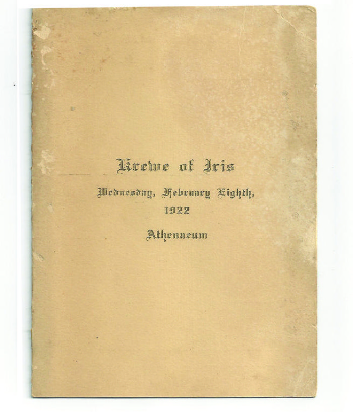 Original Krewe of Iris ball program, Wednesday February 8, 1922, at the Athenaeum