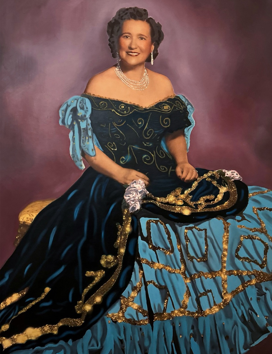 Painted portrait of Aminthe Nungesser in a teal velvet gown with gold embroidery