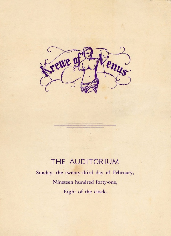 Original Krewe of Venus ball program: The Auditorium, Sunday the twenty-third day of February, nineteen hundred forty-one, eight of the clock